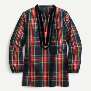 New Velvet Trimmed Tartan Plaid Tunic Top